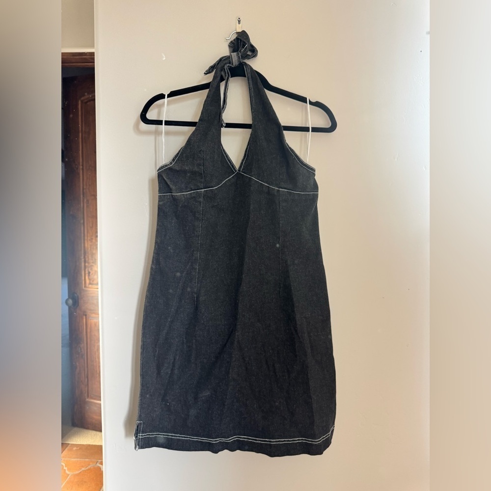 Y2K Dark Denim Halter Mini Dress | Contrast Stitch | Retro 2000s Style